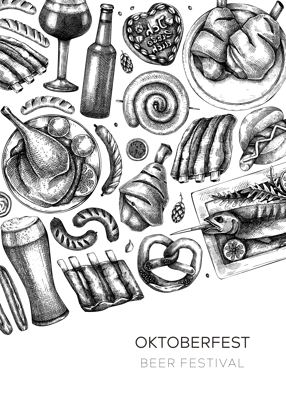 Oktoberfest background. German food and drinks menu. Vector meat dishes sketches. German cuisine frame. Beer festival black and white illustration in sketched style. Oktoberfest party design.